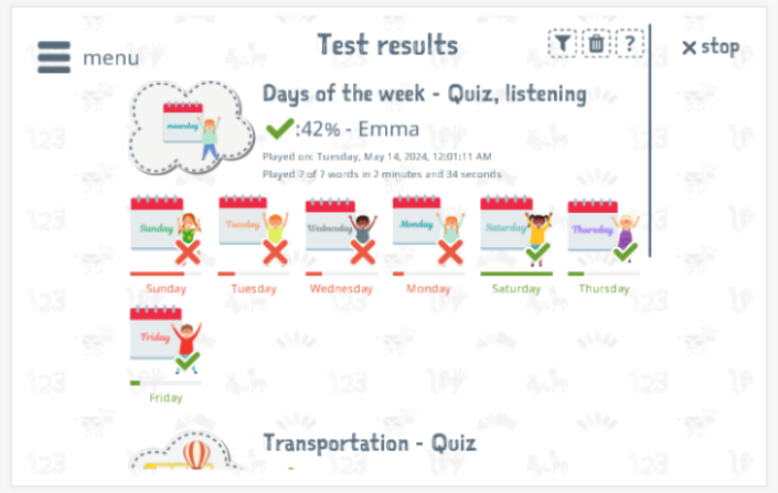 Test results provide insight into the child's vocabulary knowledge of the Days of the week theme