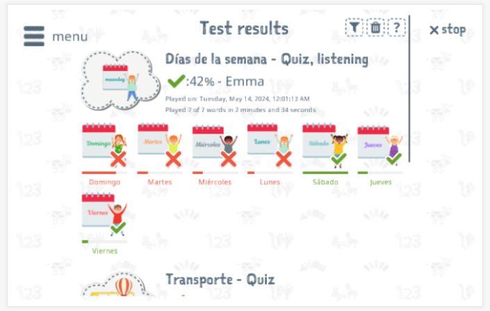 Test results provide insight into the child's vocabulary knowledge of the Days of the week theme