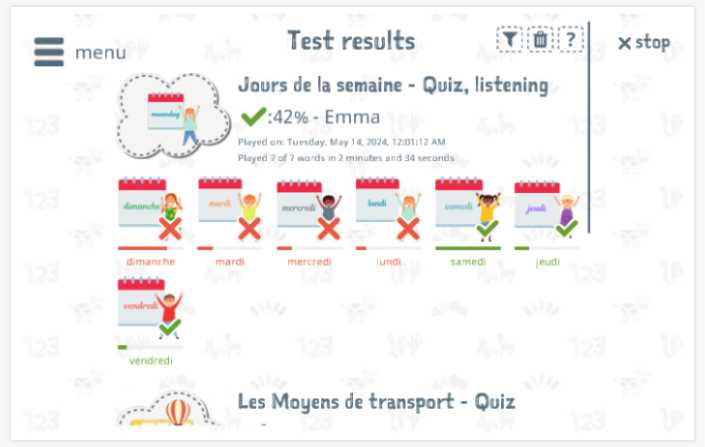 Test results provide insight into the child's vocabulary knowledge of the Days of the week theme