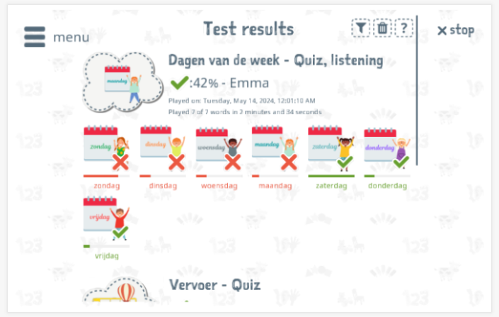 Test results provide insight into the child's vocabulary knowledge of the Days of the week theme