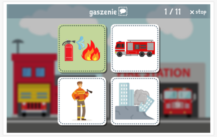 Fire brigade theme Language test (reading and listening) of the app Polish for children